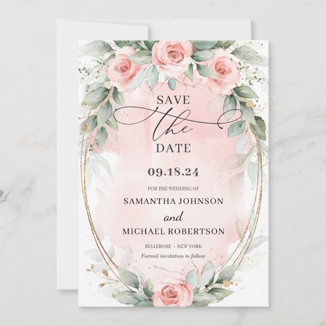 Grünpflanzen und goldfarbene Blume aus rosa Boho Save The Date (Vorderseite)