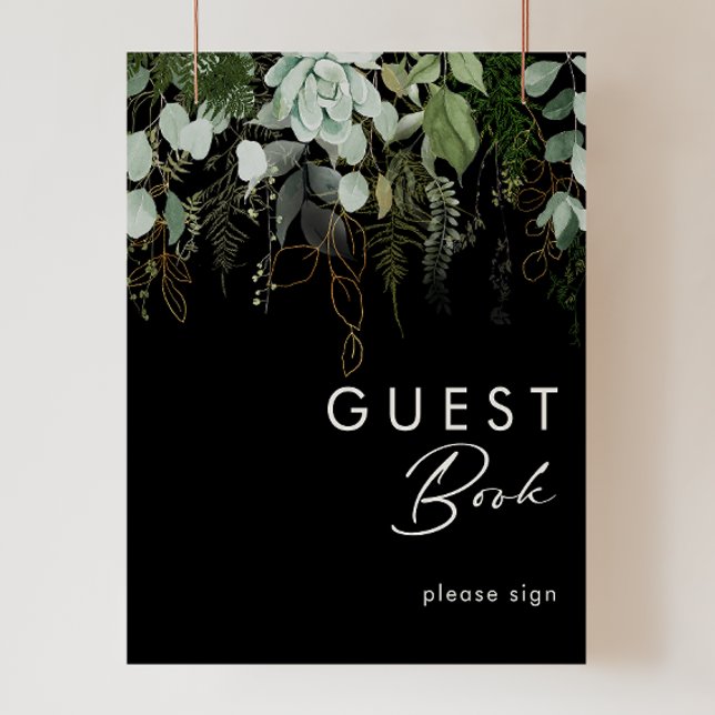 Grünpflanzen und Goldleaf | Black Guest Book Sign Poster (Von Creator hochgeladen)