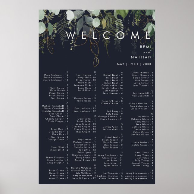 Grünpflanzen und Goldleaf | Dark Navy Alphabetical Poster (Vorne)