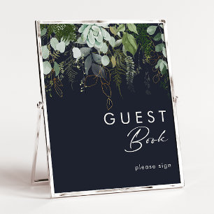 Grünpflanzen und Goldleaf   Dark Navy Guest Book S Poster