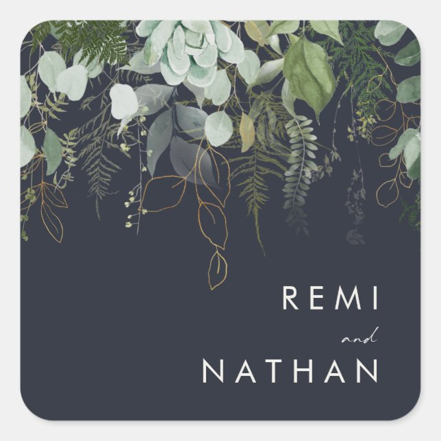 Grünpflanzen und Goldleaf | Dunkle Navy-Umschlag A Quadratischer Aufkleber (Vorderseite)
