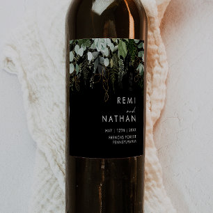 Grünpflanzen und Goldleaf Schwarze Hochzeit Weinetikett