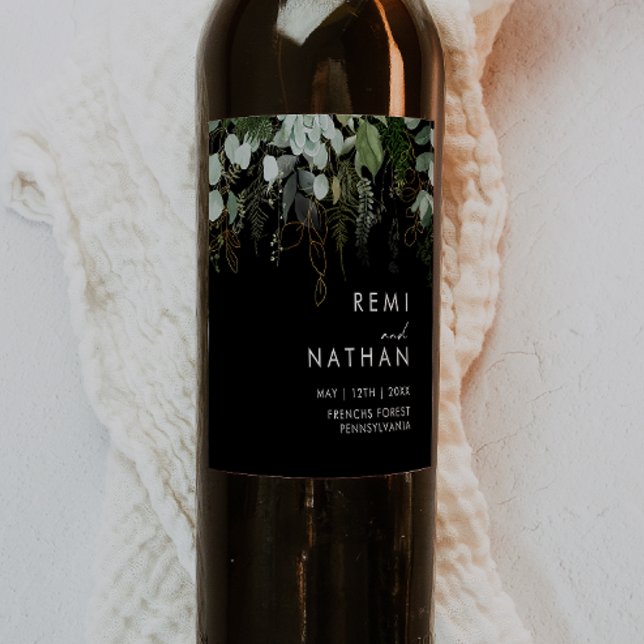 Grünpflanzen und Goldleaf | Schwarze Hochzeit Weinetikett (Von Creator hochgeladen)