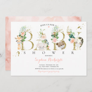 Grünpflanzen und Goldsafari Tiere Kinderdusche Einladung