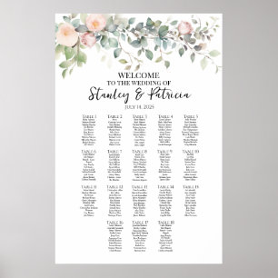 Grünpflanzen und Rose Hochzeitskarte 18 Tische Poster