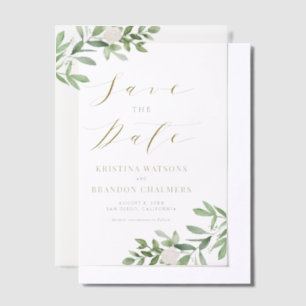 Grünpflanzen und weiße Blume Save the Date grau