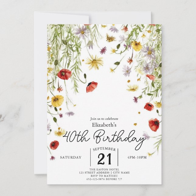 Grünpflanzen Wildblumen 40. Geburtstag Einladung (Vorderseite)