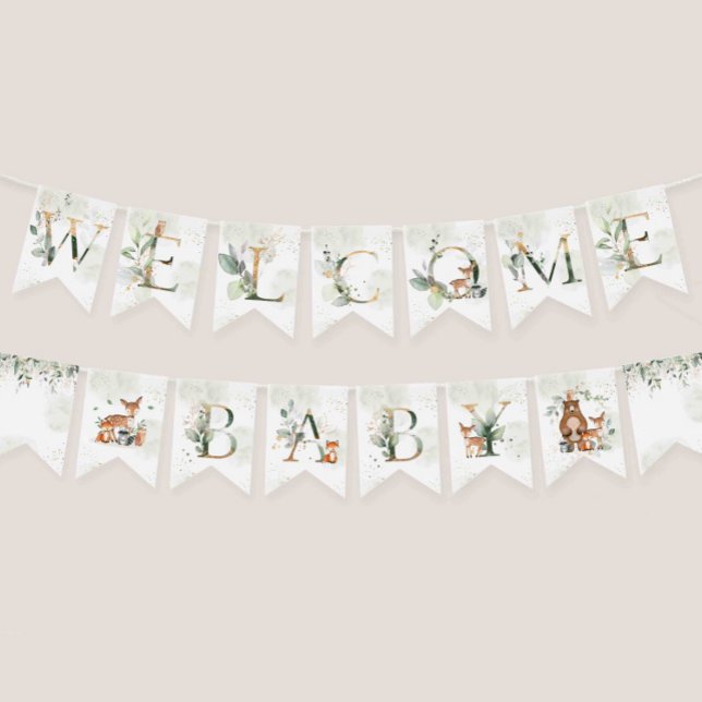 Grünpflanzen Woodland Animals Kinderdusche Dekorat Wimpelkette (Greenery woodland baby shower Welcome baby bunting flag)