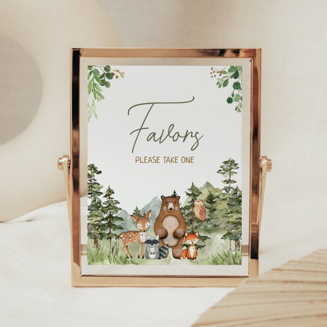 Grünpflanzen Woodland Animals Kinderduschfavoriten Poster (Greenery Forest Animals Baby Shower Favors Sign)