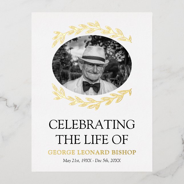 Grünrahmen Oval Foto Beerdigung Gold Folie Einladungspostkarte (Vorderseite)