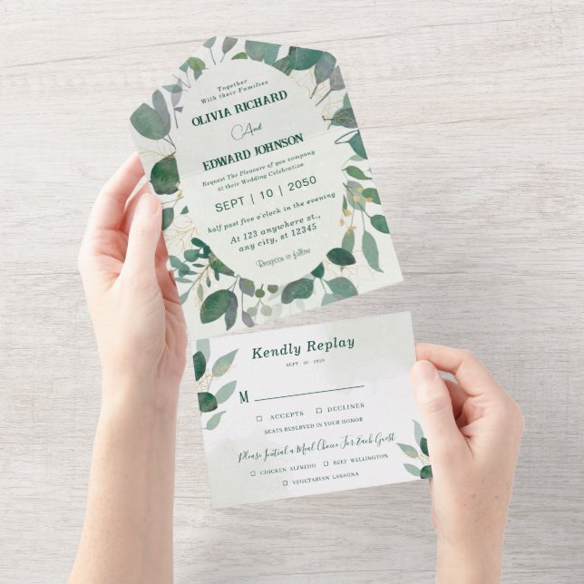 Grünrahmen und goldene Blätter mit UAwg Wedding All In One Einladung (Abreißen)