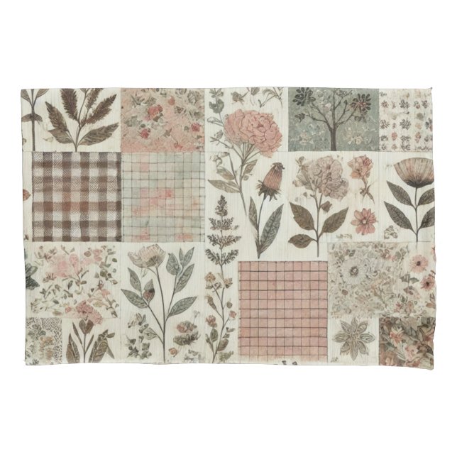 Grünrosa Patchwork Quilt Rustikale Vintage Blüte Kissenbezug (Vorderseite)