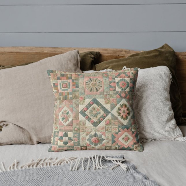 Grünrosa Patchwork Quilt rustikales Retro Vintag Kissen (Von Creator hochgeladen)