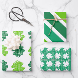GRÜNSCHATTIERUNGEN MIT WEISSEN IRISCHEN KLEEBLÄTTE GESCHENKPAPIER SET