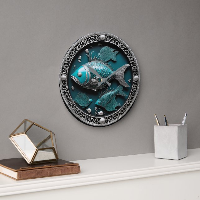 Grünspan Fische skulpturierte Kunst Große Wanduhr (Büro)