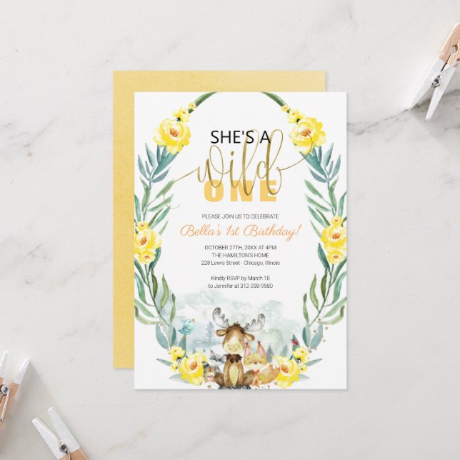 Grünwald Sie ist ein wilder erster Geburtstag Einladung (Vorderseite/Rückseite Beispiel)