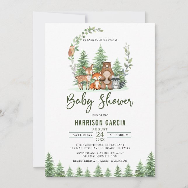 Grünwald Waldtiere Kinderdusche Einladung (Vorderseite)