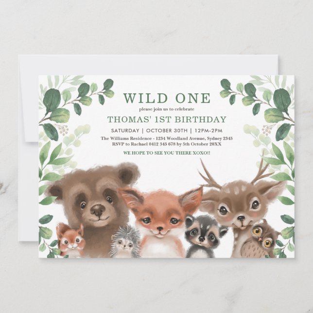 Grünwaldtiere Wild One Birthday Einladung (Vorderseite)