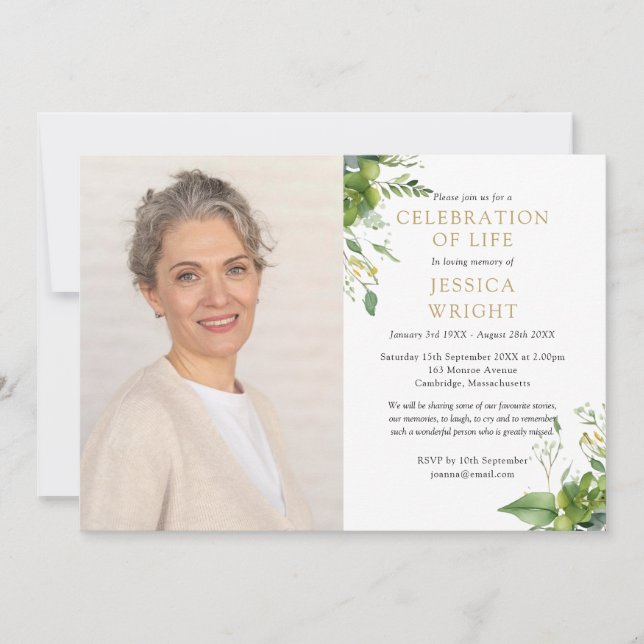 Grünzelebrierung des Fotos Lebensbeerdigung Einladung (Vorderseite)