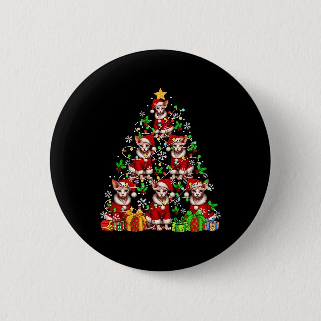 Gruppe Santa Sphynx Katzen als Weihnachtsbaum farb Button (Vorderseite)