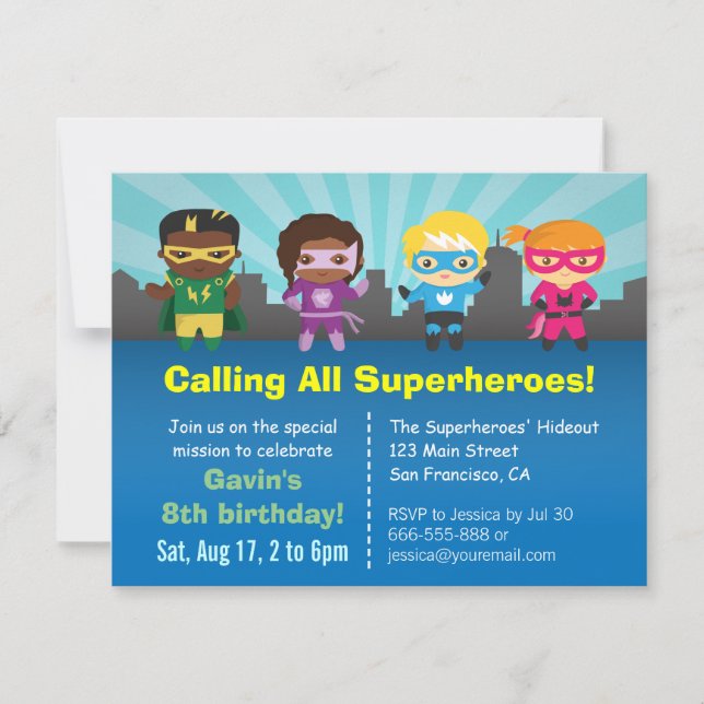 Gruppe Superhero-Kindergeburtstag-Party Einladung (Vorderseite)