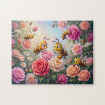 Gruppe von Bienen, die Rosen in lustiger Comic-Il 