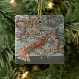 Gruppe von Hummern im Ozean, Vintage Art Nouveau Keramikornament