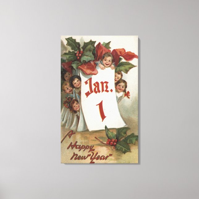 Gruppe von Kindern, die sich hinter dem Kalender v Leinwanddruck (Vorderseite)