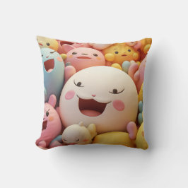Gruppe weicher, glücklicher Lebewesen in Pastellfa Kissen
