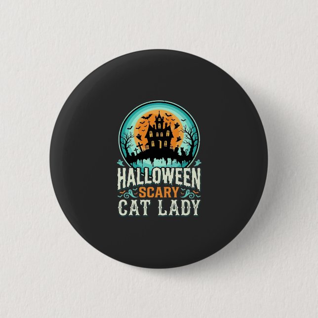 Grusel-Halloween-Katzenlady-Haus-Design_1 Button (Vorderseite)