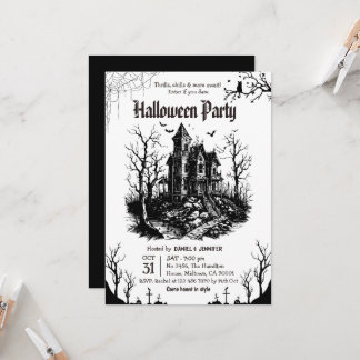 Grusel-Haus-Halloween-Party Schwarz Weiß Gothic Einladung