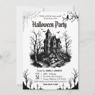 Grusel-Haus-Halloween-Party Schwarz Weiß Gothic Einladung
