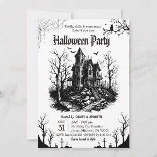 Grusel-Haus-Halloween-Party Schwarz Weiß Gothic Einladung