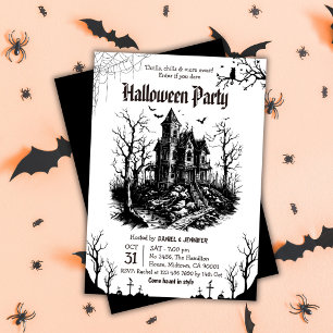 Grusel-Haus-Halloween-Party Schwarz Weiß Gothic Einladung