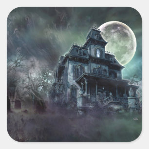 Grusel-Haus-Horror-Aufkleber – Geisterhaftes Herre Quadratischer Aufkleber
