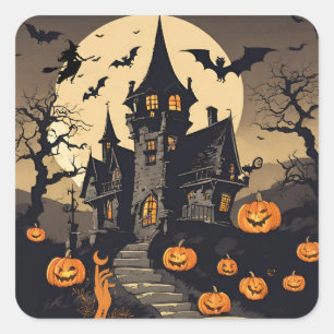 Grusel-Haus zum Vintage-Halloween, Kürbisse, Flede Quadratischer Aufkleber