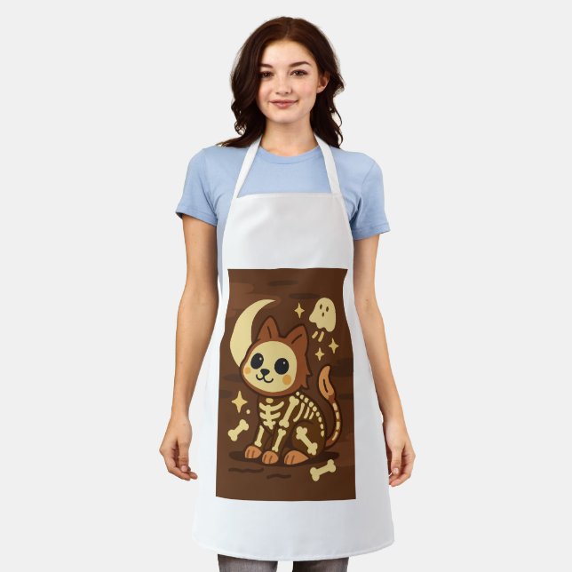 Grusel-Schädel-Katze-All-Over-Print-Schürze, Mitte Schürze (Getragen)