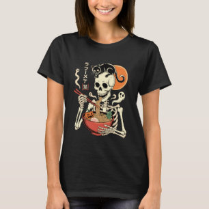 Grusel Skelett isst Ramen-Schale mit Katzen Hallow T-Shirt