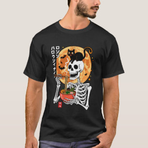 Grusel Skelett isst Ramen-Schüssel mit Katze Hallo T-Shirt