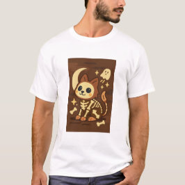 Grusel-T-Shirt mit Skelettkatze und Geist T-Shirt