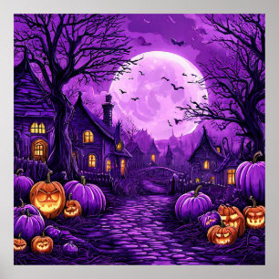 Gruselburg Halloween Fledermäuse Kürbisse Nacht Poster
