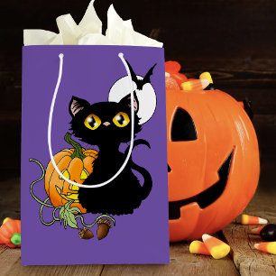 Gruselhaft lila süße schwarze Halloween-Kürbis-Kat Mittlere Geschenktüte