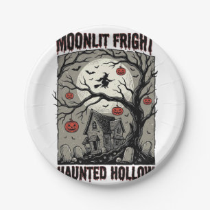 Gruselhaus Halloween Vintage-Stich Mond-Shi Pappteller