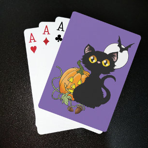 Gruselig lila süße schwarze Halloween-Kürbis-Katze Spielkarten