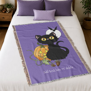 Gruselig lila süße schwarze Katze Halloween-Kürbis Decke