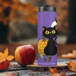 Gruselig lila süße schwarze Katze Halloween-Kürbis Thermosbecher