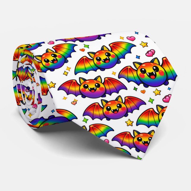 🦇🌈 Gruselig süße Regenbogen-Fledermäuse Krawatte (Gerollt)