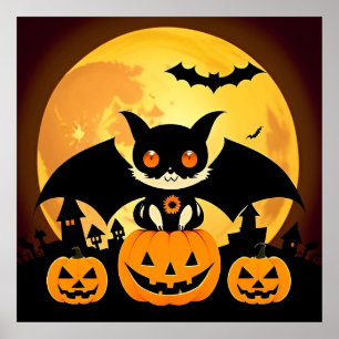Gruselige Cartoon-Fledermäuse Kürbisse Mond Hallow Poster