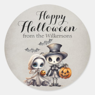 Gruselige Geisterpuppe und Halloween-Skelett Runder Aufkleber