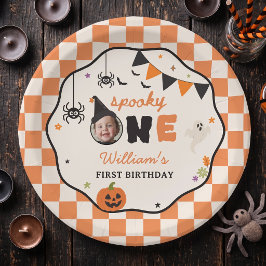 Gruselige Gingham-Halloween-Geburtstagspapierplatt Pappteller